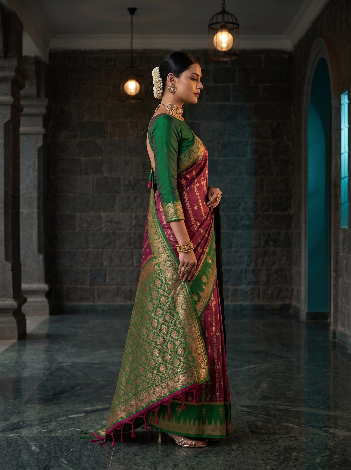 MIMOSA Wine Kanjivaram Art Silk Saree — pose 3 styling detail