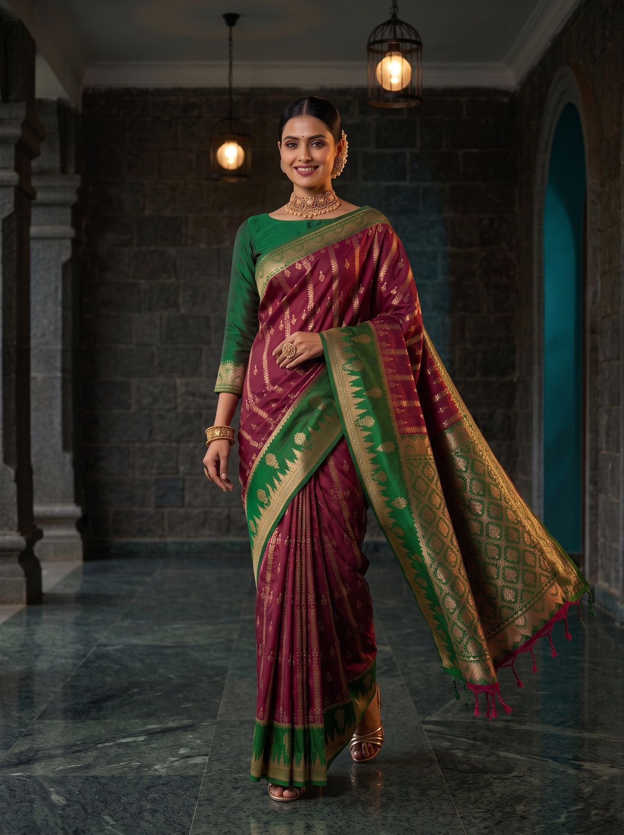 MIMOSA Wine Kanjivaram Art Silk Saree — pose 6 styling detail