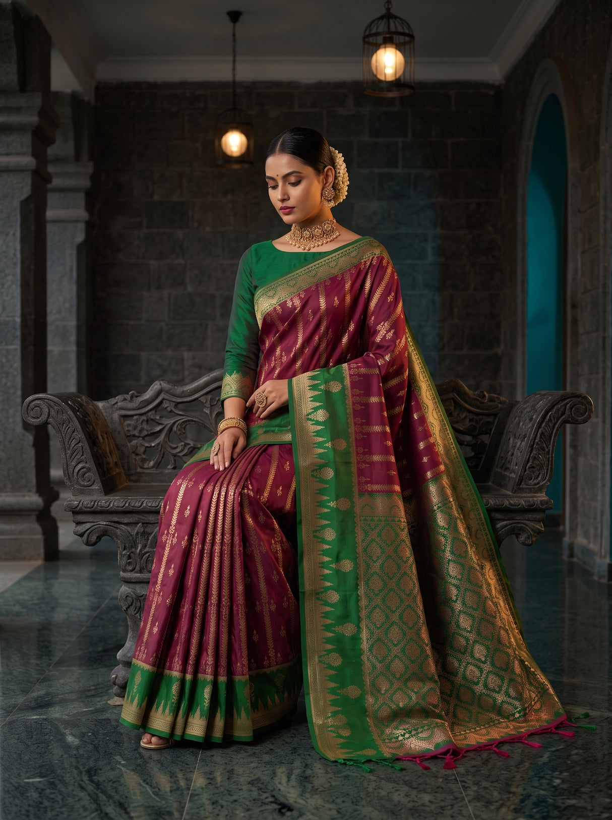 MIMOSA Wine Kanjivaram Art Silk Saree — pose 8 styling detail