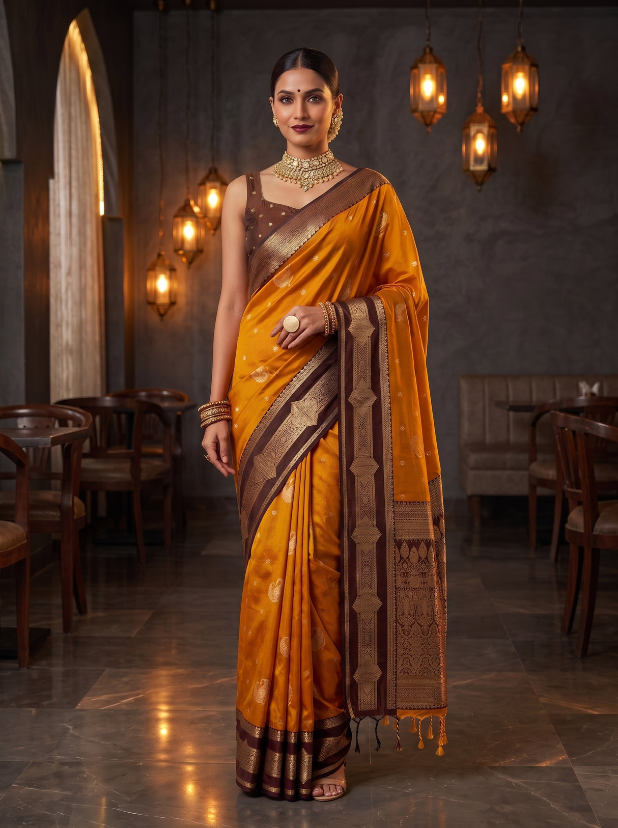MIMOSA Mustard Kanjivaram Art Silk Saree — pose 10 styling detail