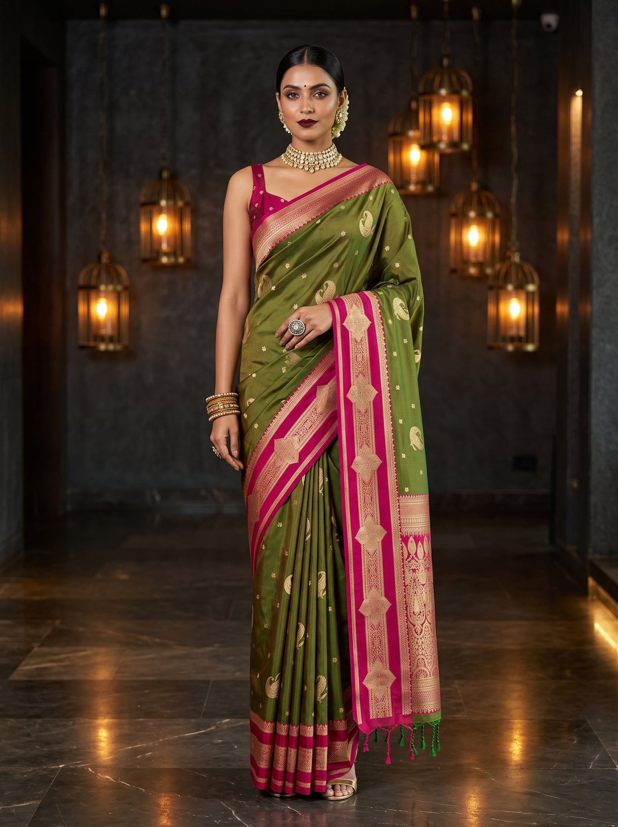 MIMOSA Olive Kanjivaram Art Silk Saree — Model lifestyle pose