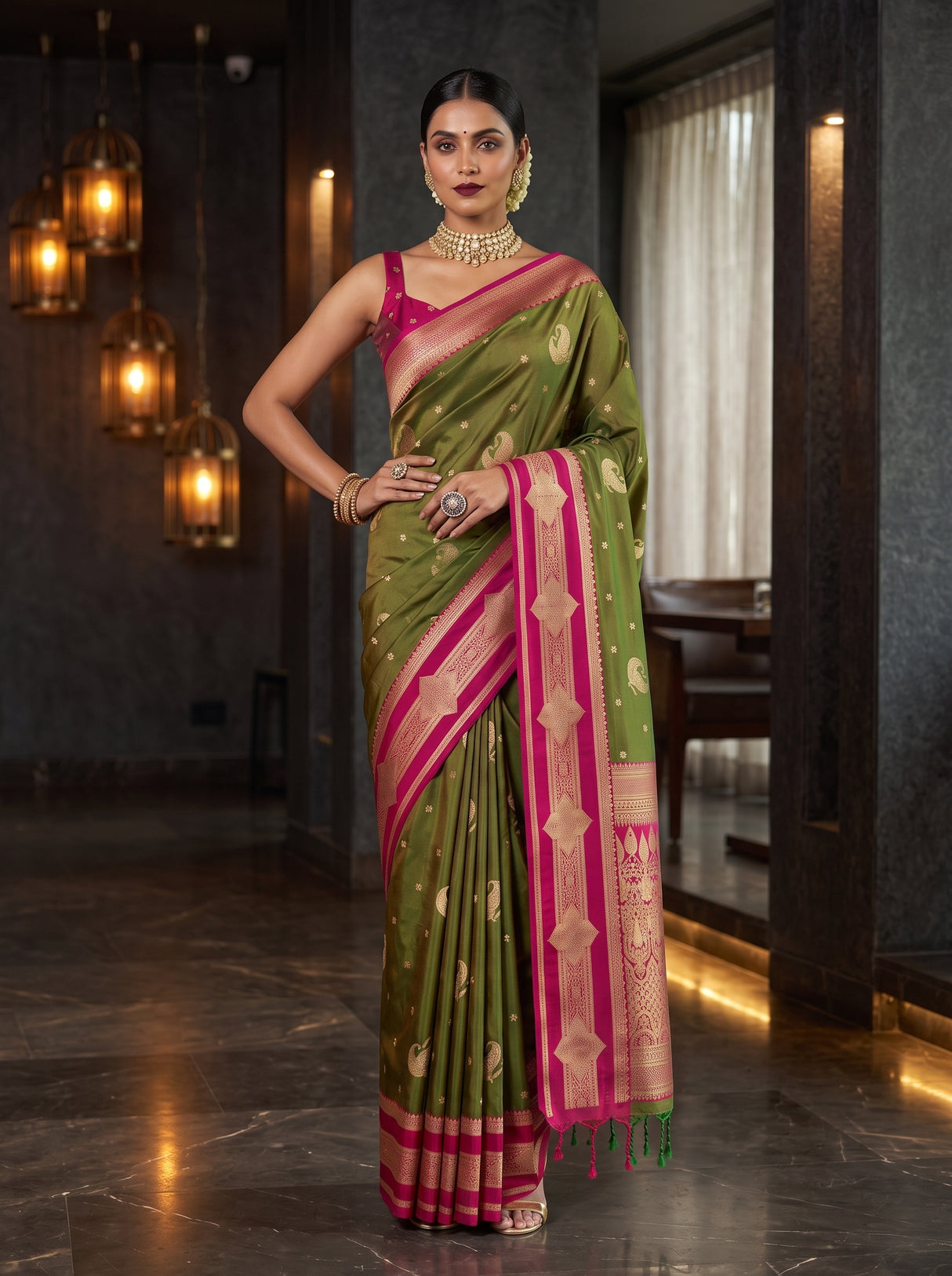 MIMOSA Olive Kanjivaram Art Silk Saree — pose 4 styling detail