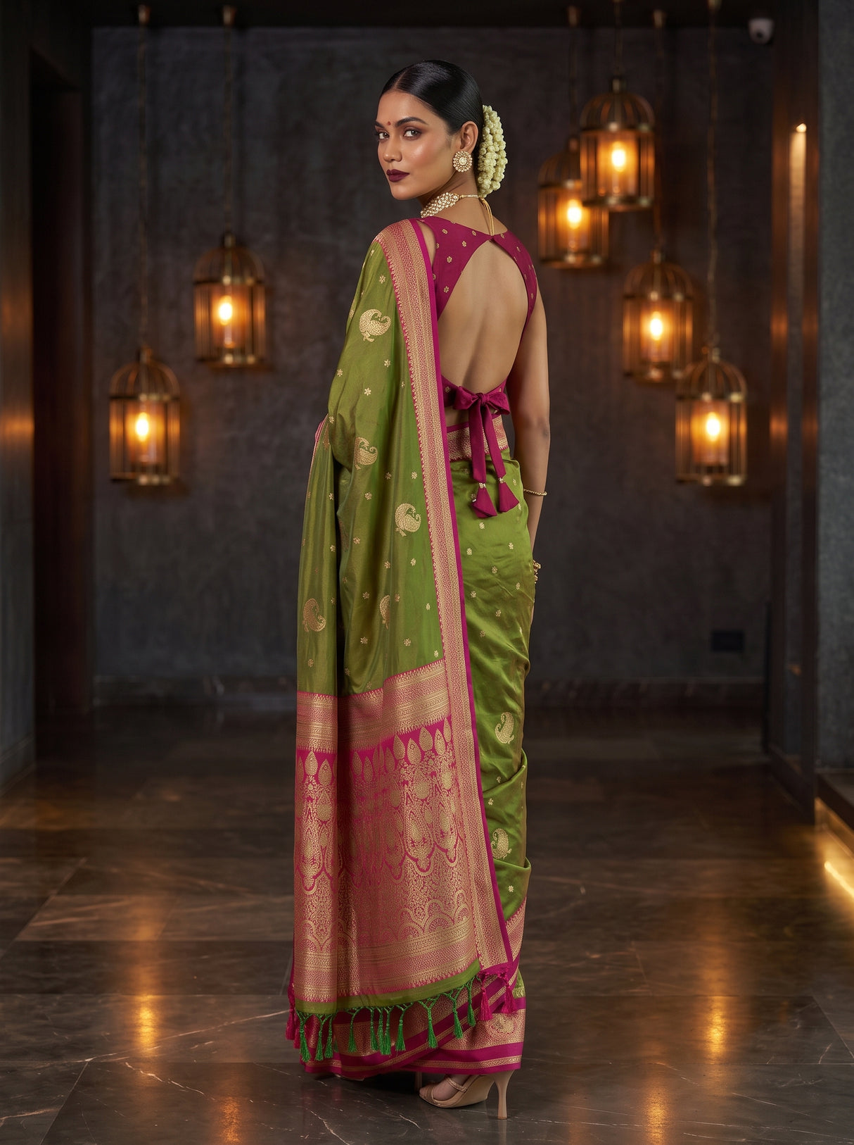 MIMOSA Olive Kanjivaram Art Silk Saree — pose 5 styling detail
