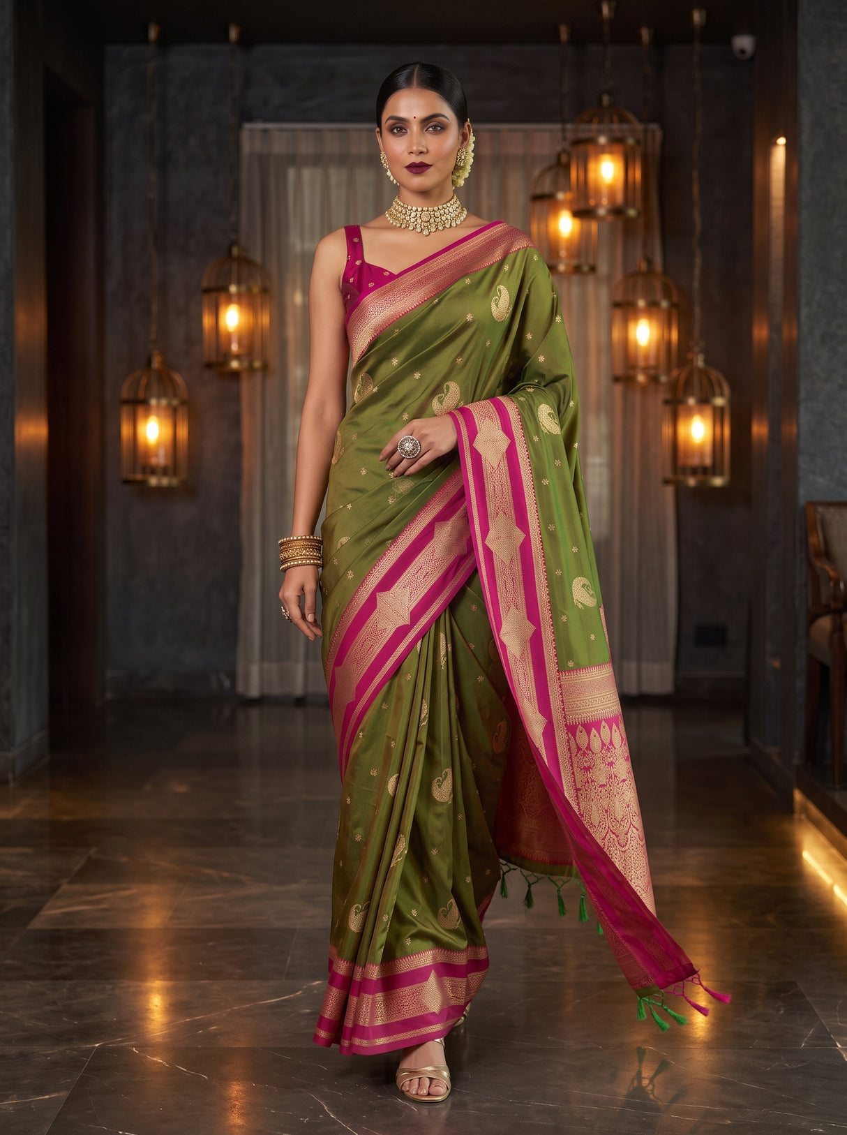 MIMOSA Olive Kanjivaram Art Silk Saree — pose 6 styling detail