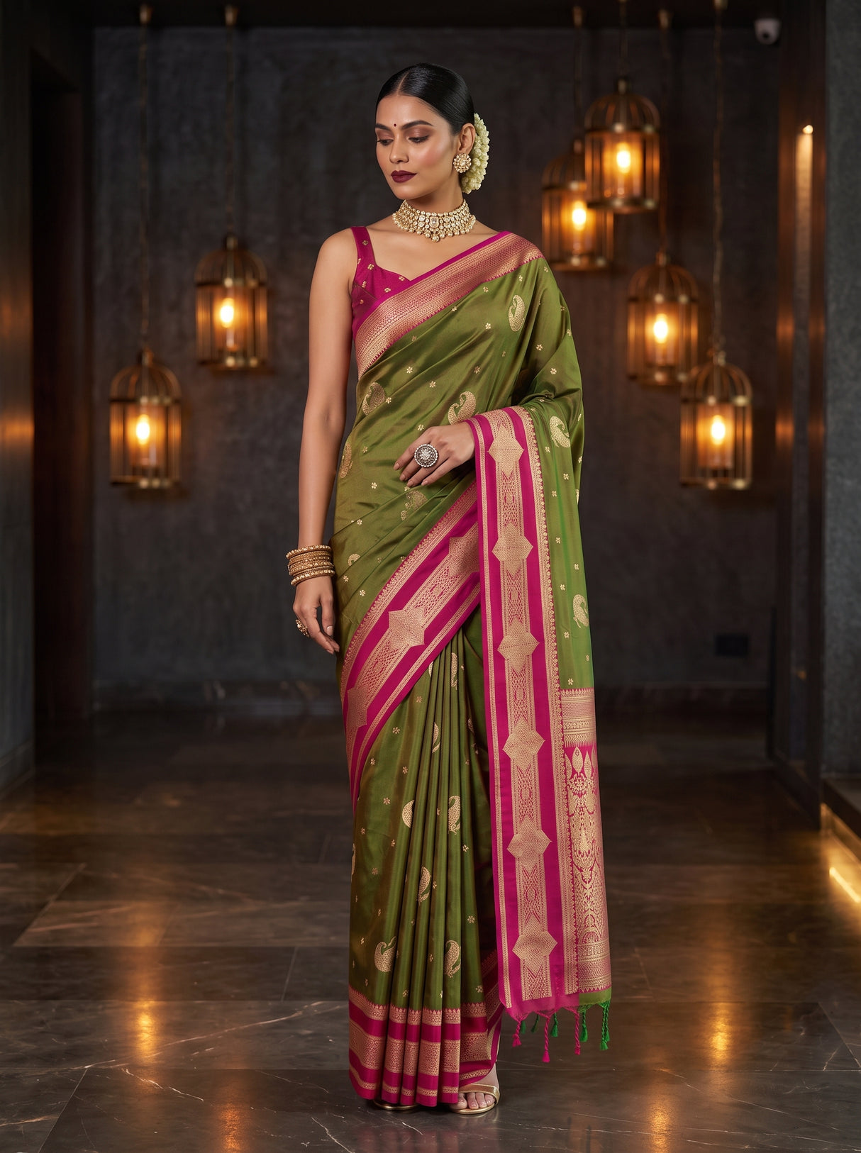 MIMOSA Olive Kanjivaram Art Silk Saree — pose 9 styling detail