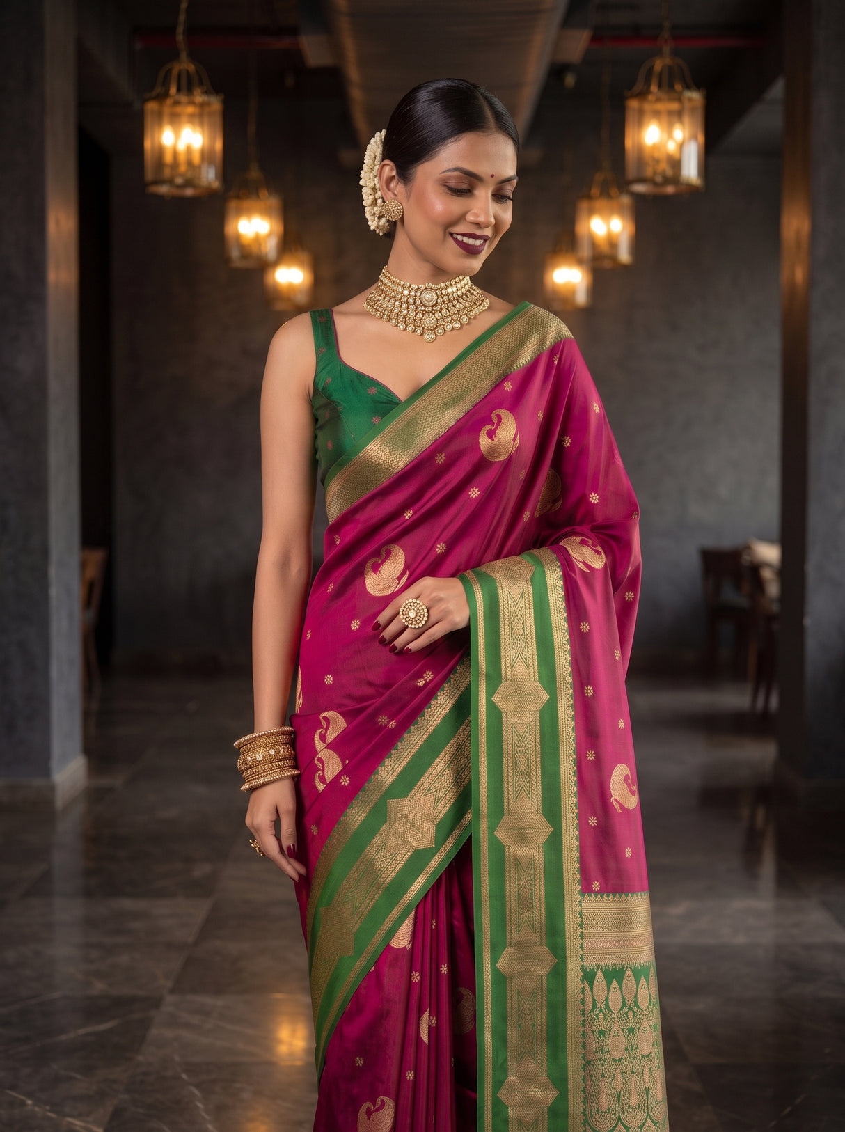 MIMOSA Wine Kanjivaram Art Silk Saree — pose 10 styling detail