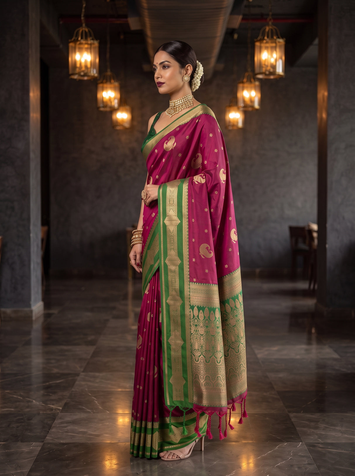 MIMOSA Wine Kanjivaram Art Silk Saree — pose 3 styling detail