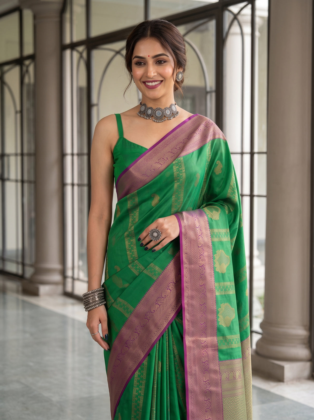 MIMOSA Green Kanjivaram Art Silk Saree — pose 10 styling detail