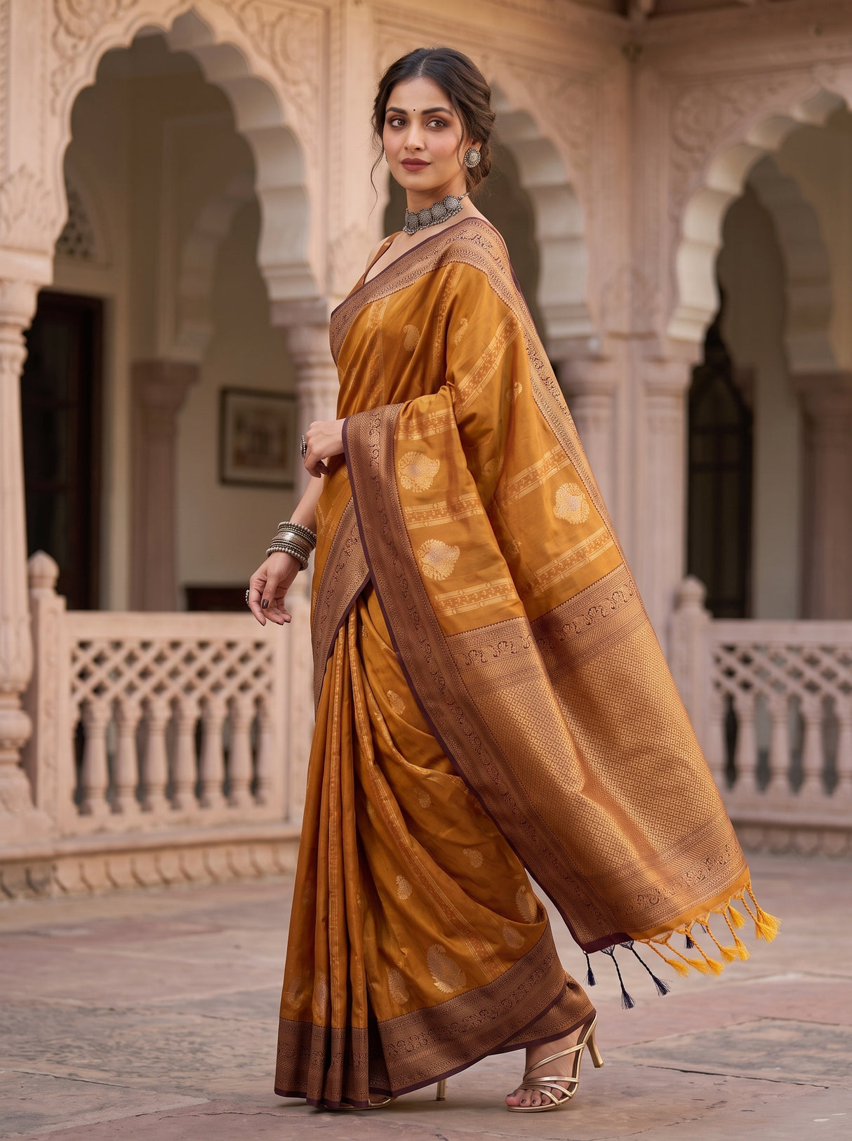 MIMOSA Mustard Kanjivaram Art Silk Saree — Pallu and Tassels Detail