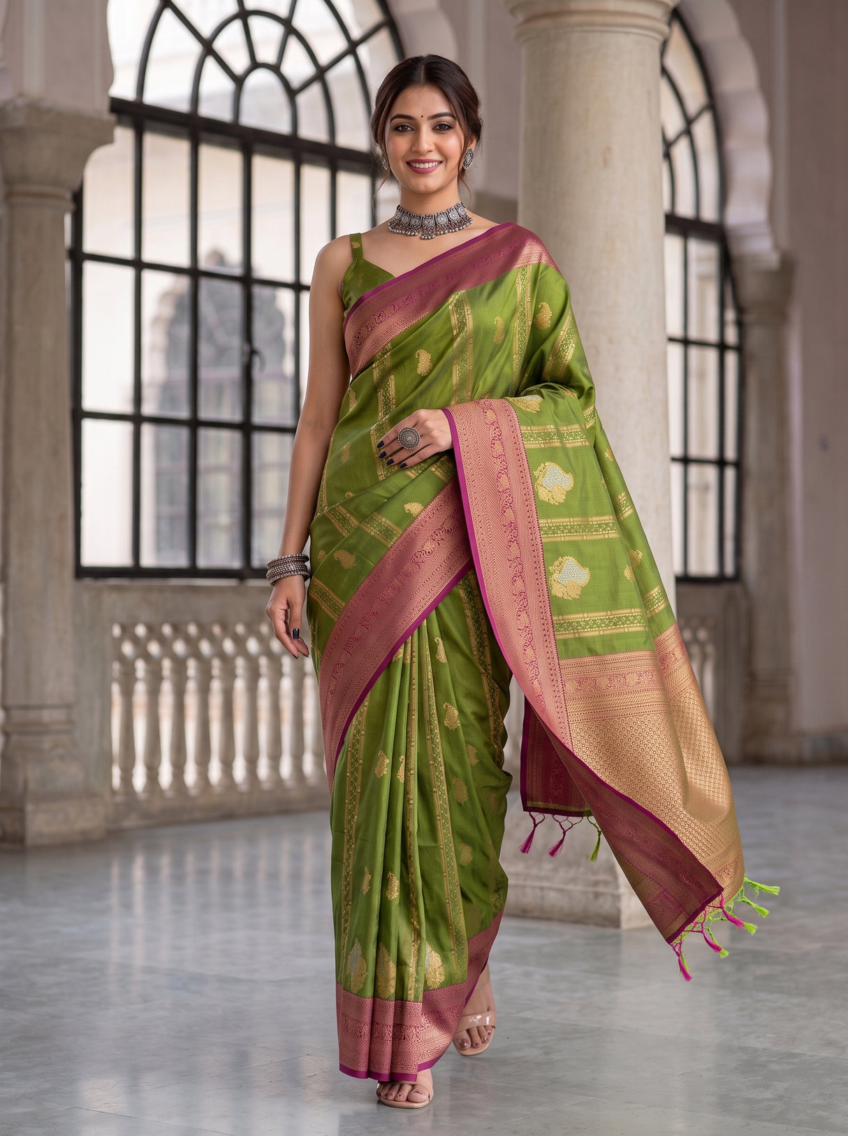 MIMOSA Olive Kanjivaram Art Silk Saree — Saree Draped Detail