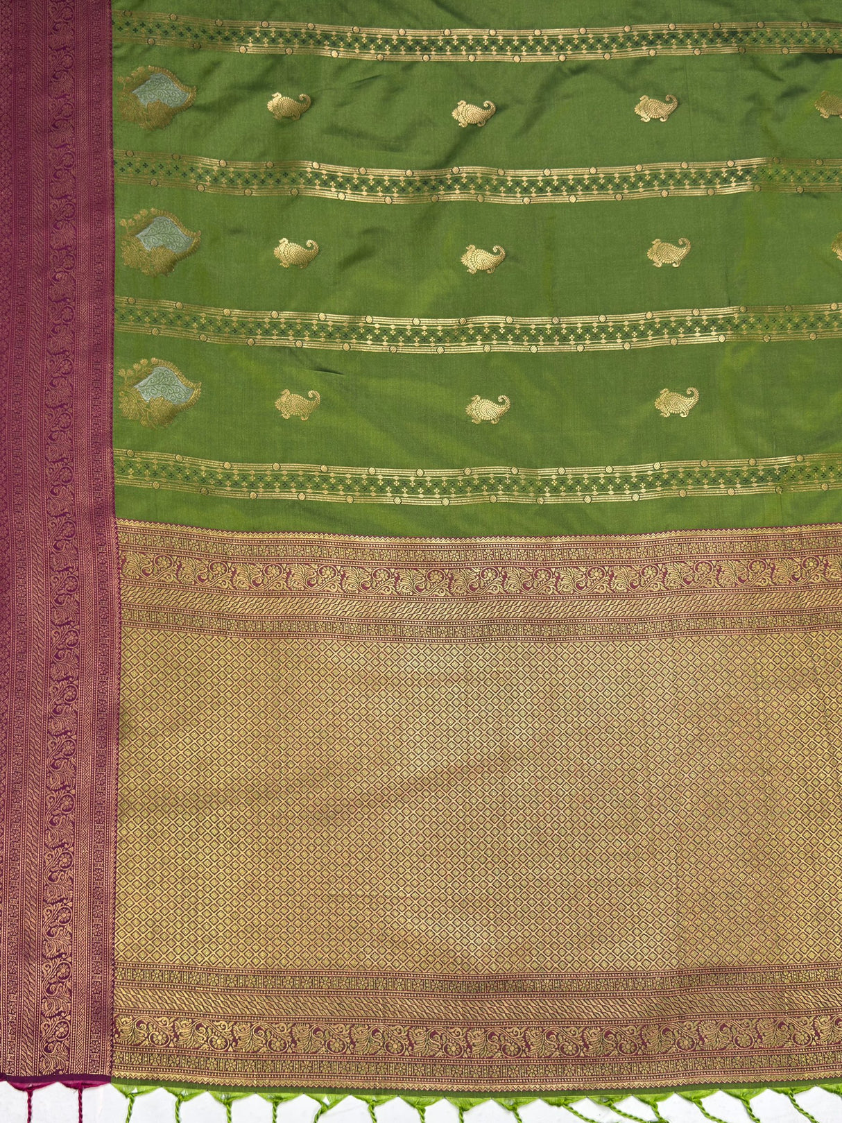 MIMOSA Olive Kanjivaram Art Silk Saree — pallu and zari work detail