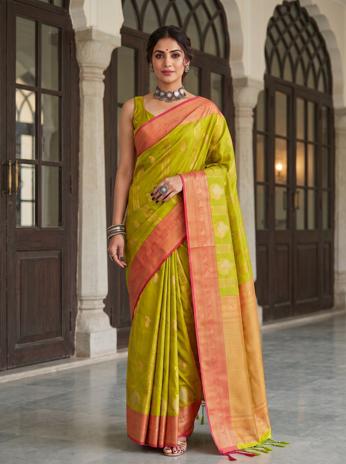 MIMOSA Parrot Green Kanjivaram Art Silk Saree — pose 10 styling detail