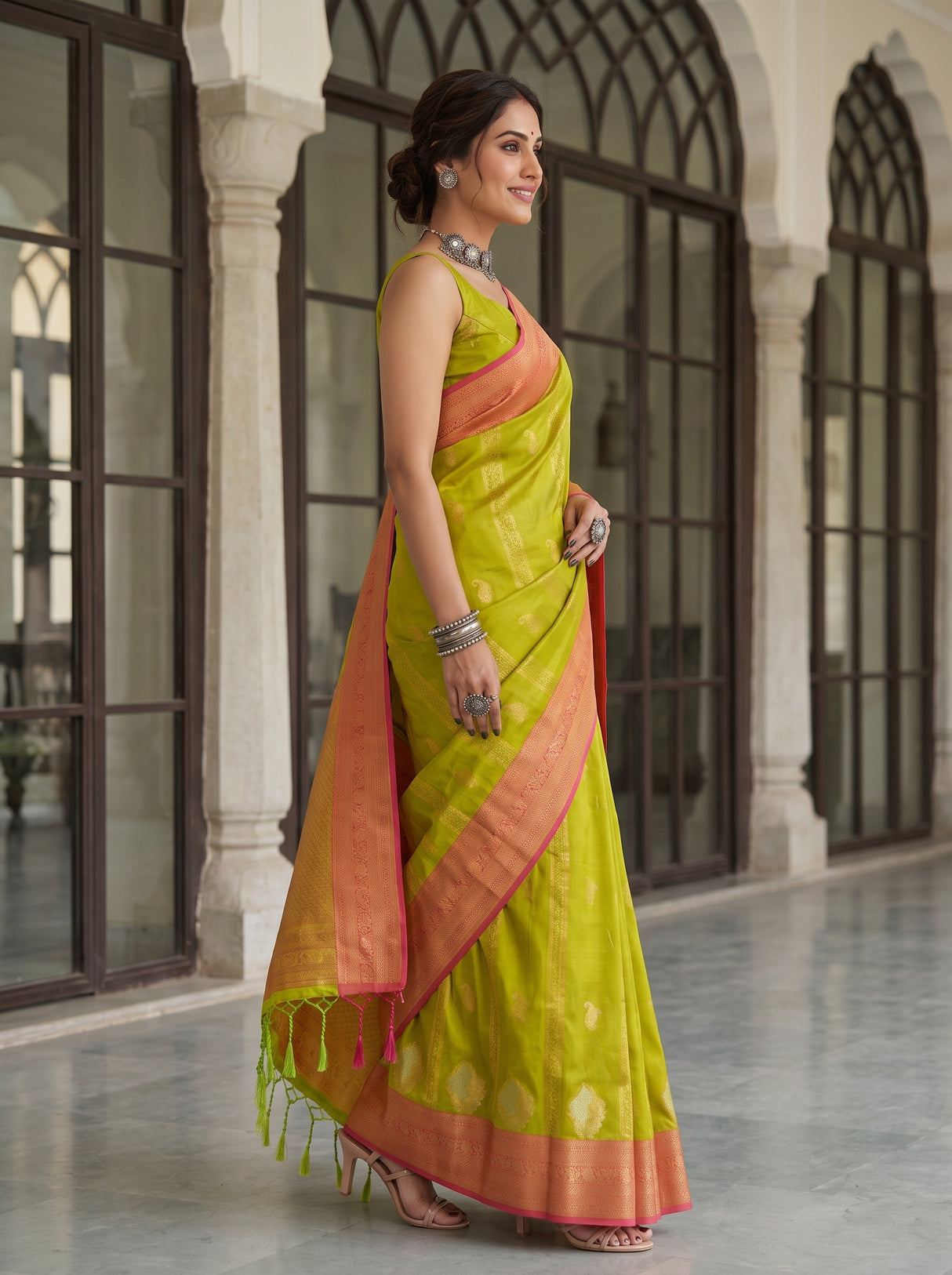 MIMOSA Parrot Green Kanjivaram Art Silk Saree — pose 3 styling detail