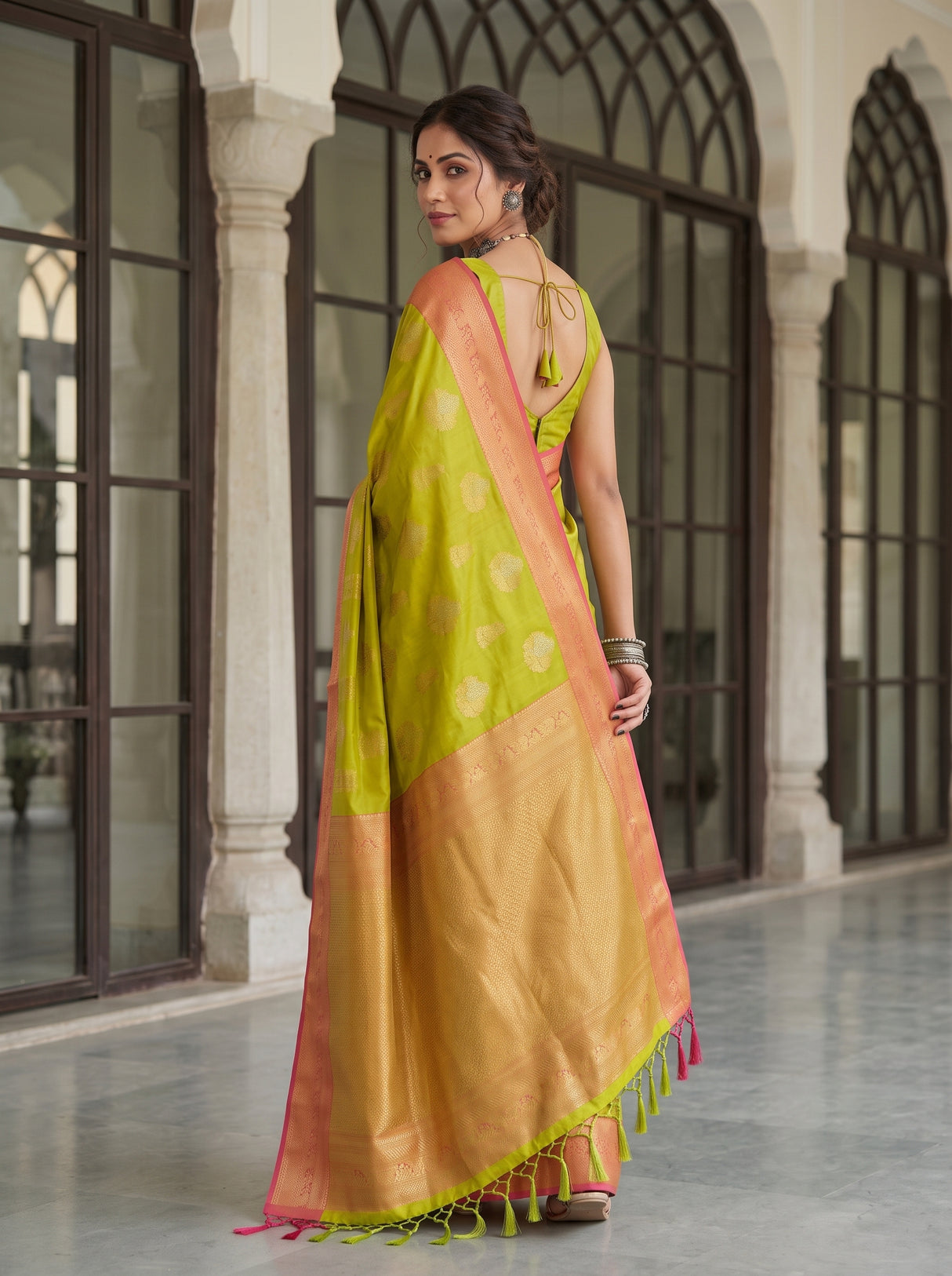 MIMOSA Parrot Green Kanjivaram Art Silk Saree — pose 7 styling detail