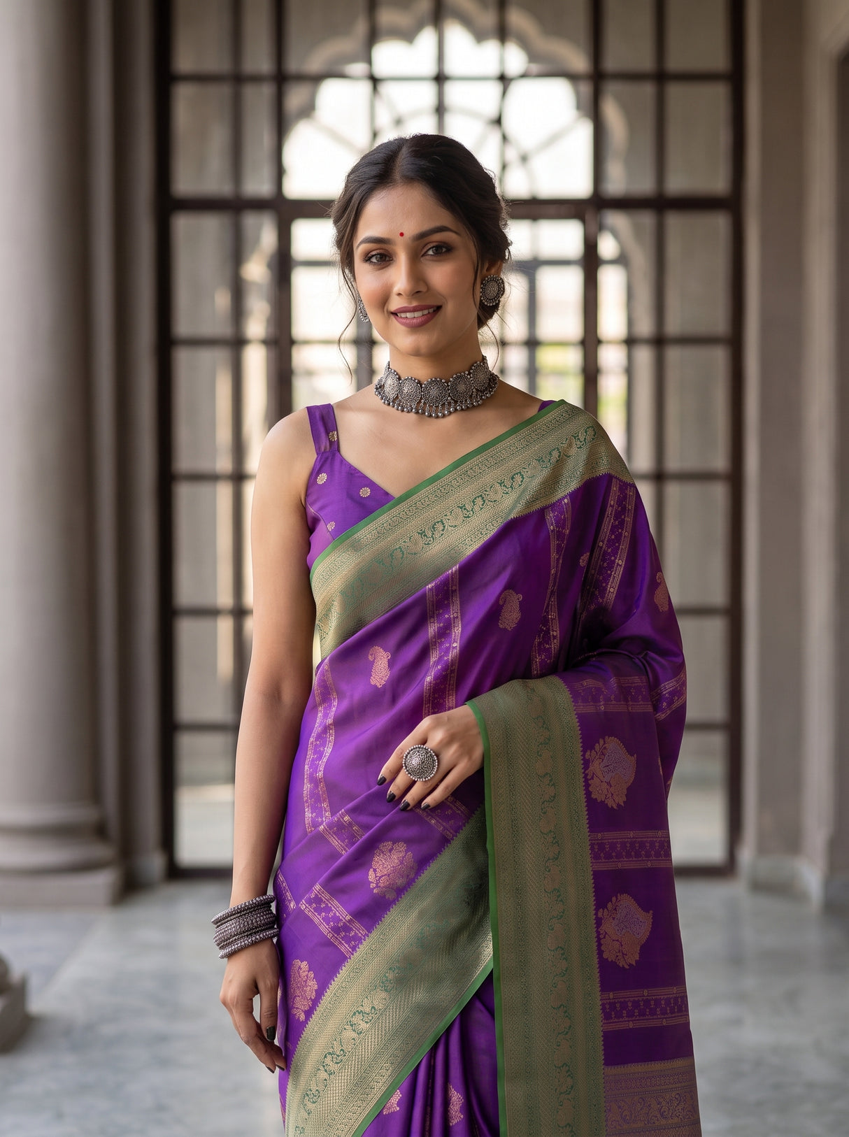 MIMOSA Purple Kanjivaram Art Silk Saree — Close-up of Saree Hem and Feet