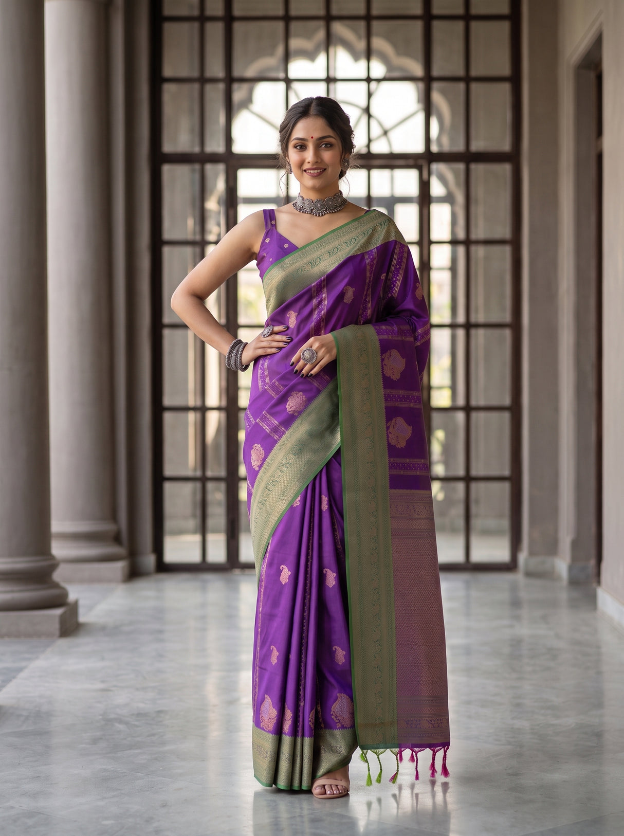 MIMOSA Purple Kanjivaram Art Silk Saree — Close-up of Model's Arm and Bangles