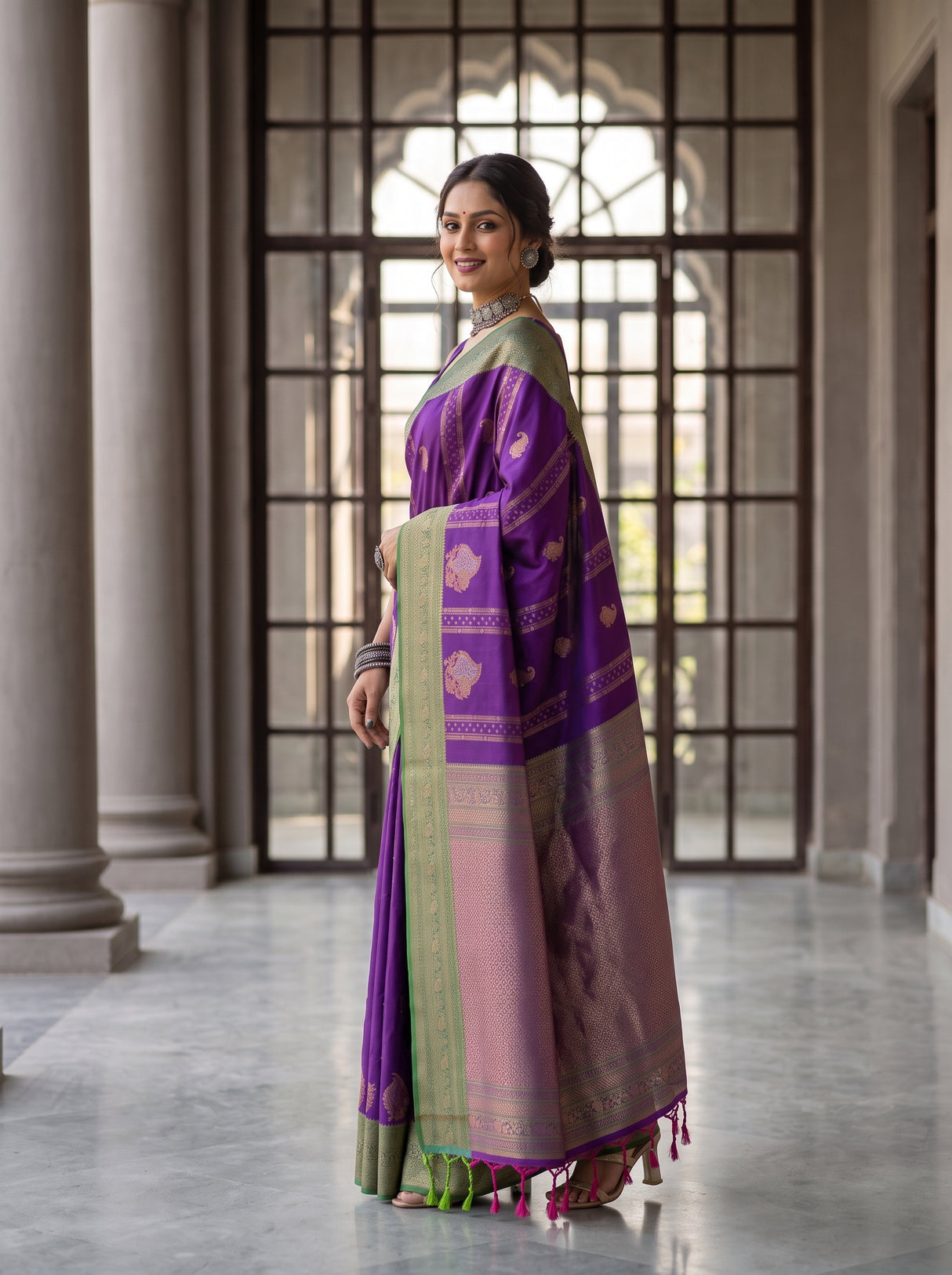 MIMOSA Purple Kanjivaram Art Silk Saree — Close-up of Model's Hand and Ring