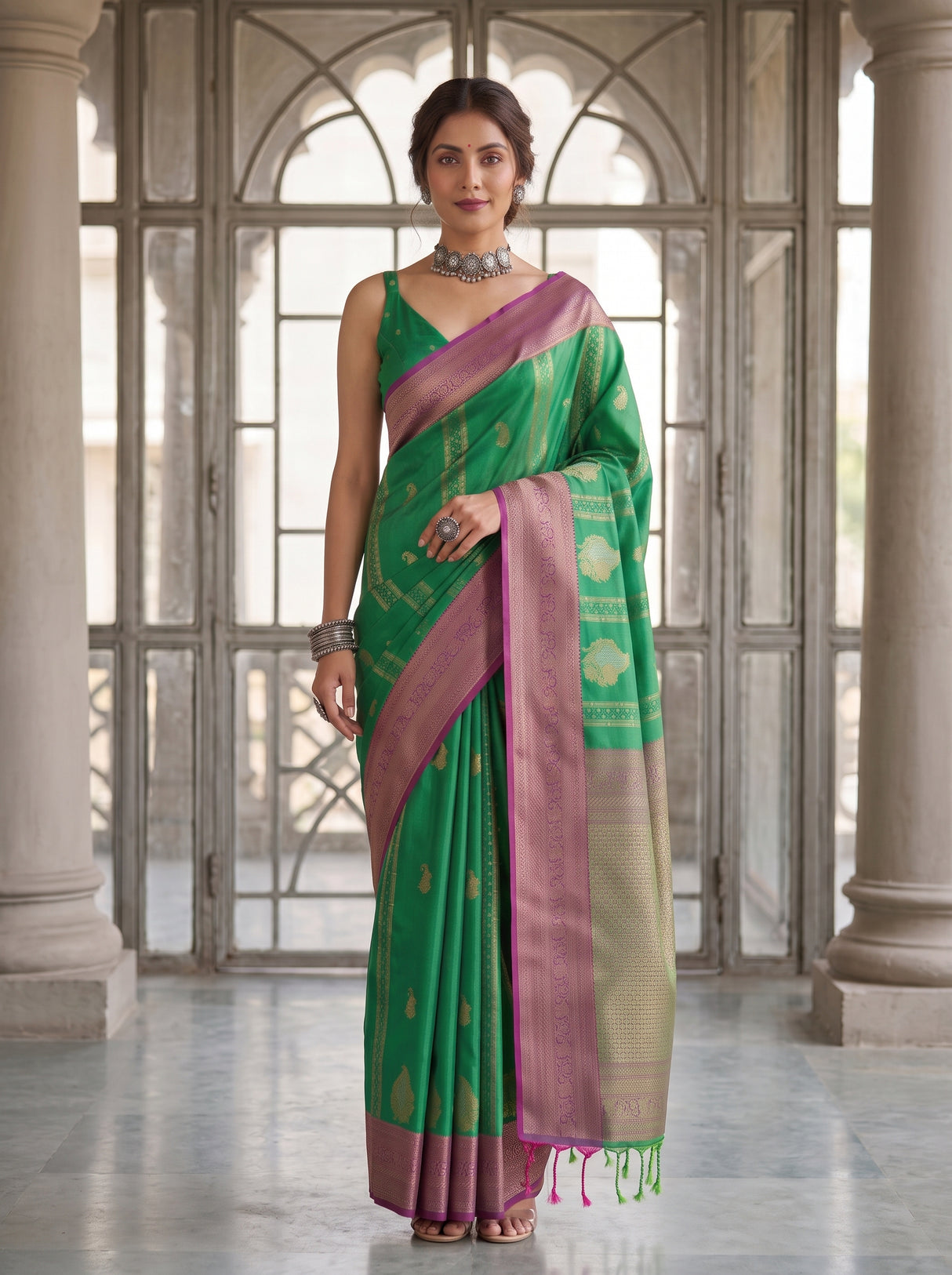 MIMOSA Rama Kanjivaram Art Silk Saree — Close-up of Model's Arm and Bangles