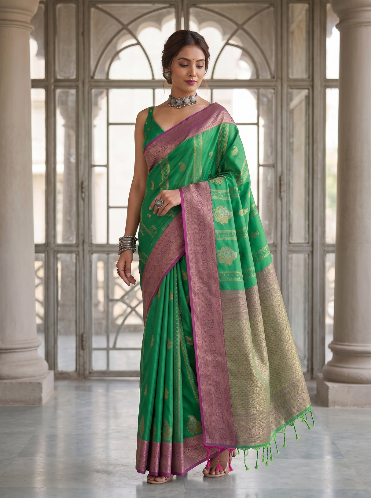 MIMOSA Rama Kanjivaram Art Silk Saree — Full Saree Drape Detail