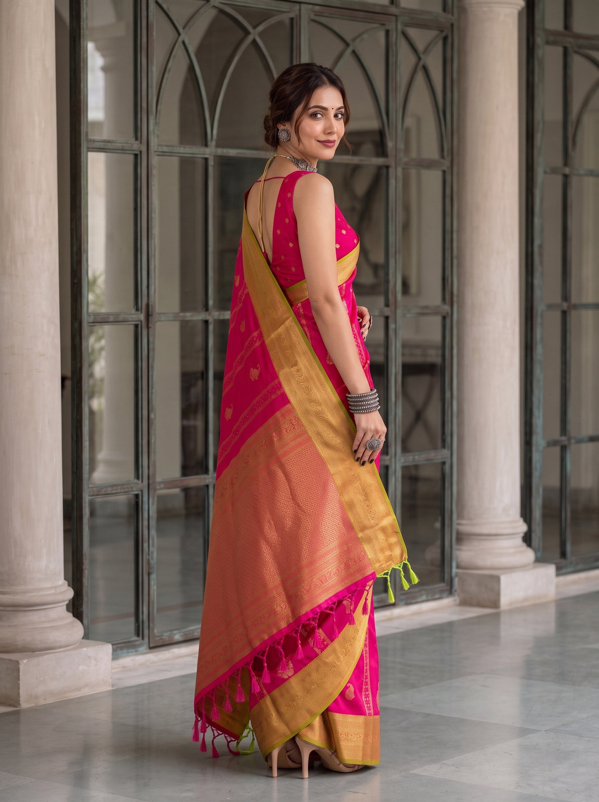 MIMOSA Rani Kanjivaram Art Silk Saree — Close-up of Model's Hand and Ring