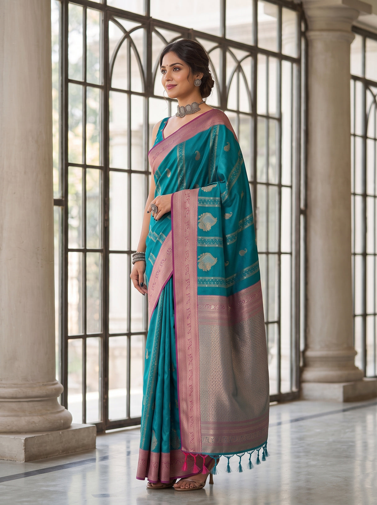 MIMOSA Sapphire Kanjivaram Art Silk Saree — Close-up of Saree Body and Blouse