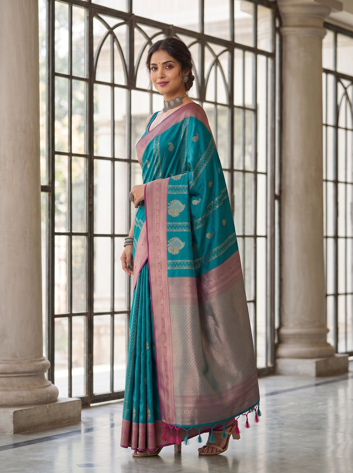 MIMOSA Sapphire Kanjivaram Art Silk Saree — Close-up of Model's Hand and Ring
