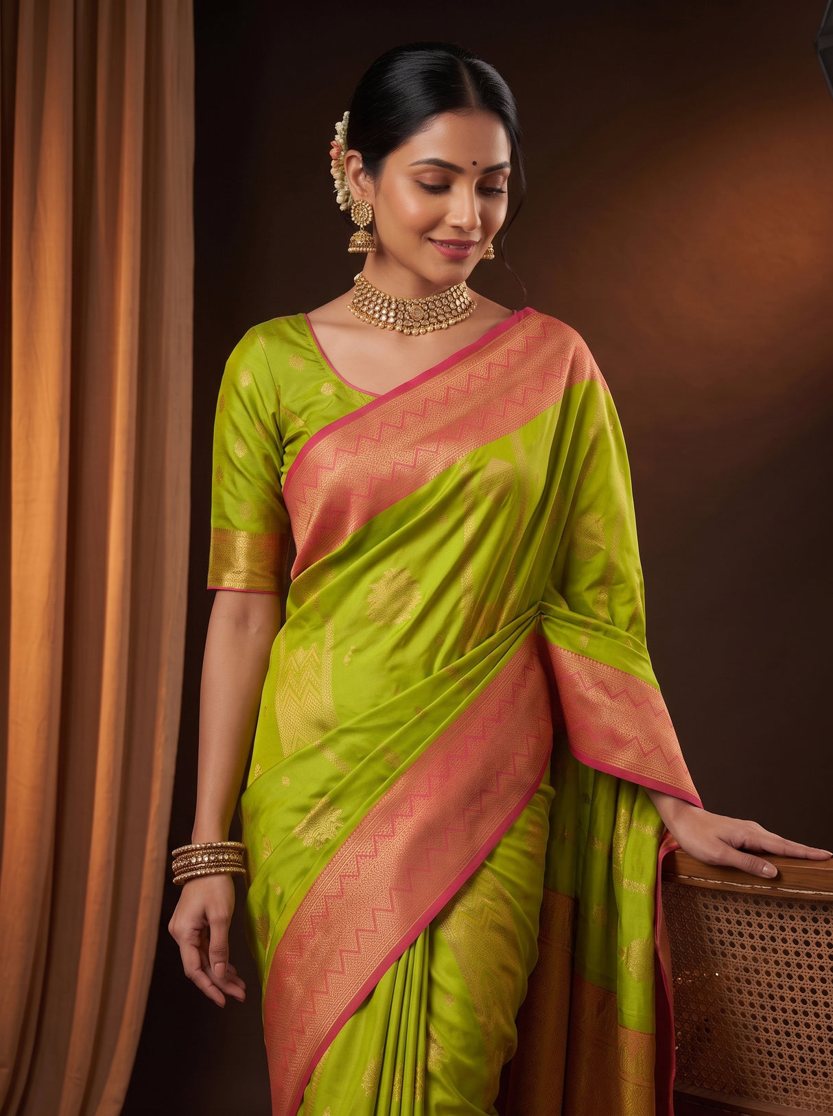 MIMOSA Parrot Green Saree Saree — pose 10 styling detail