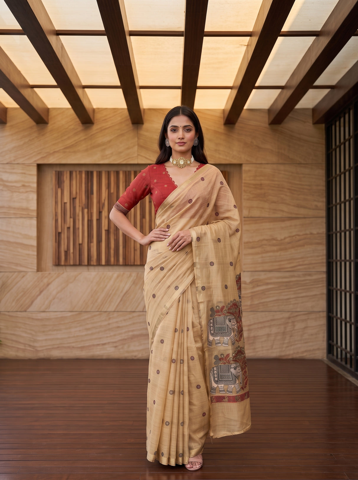 MIMOSA Chiku Banarasi Linen Saree — pose 4 styling detail