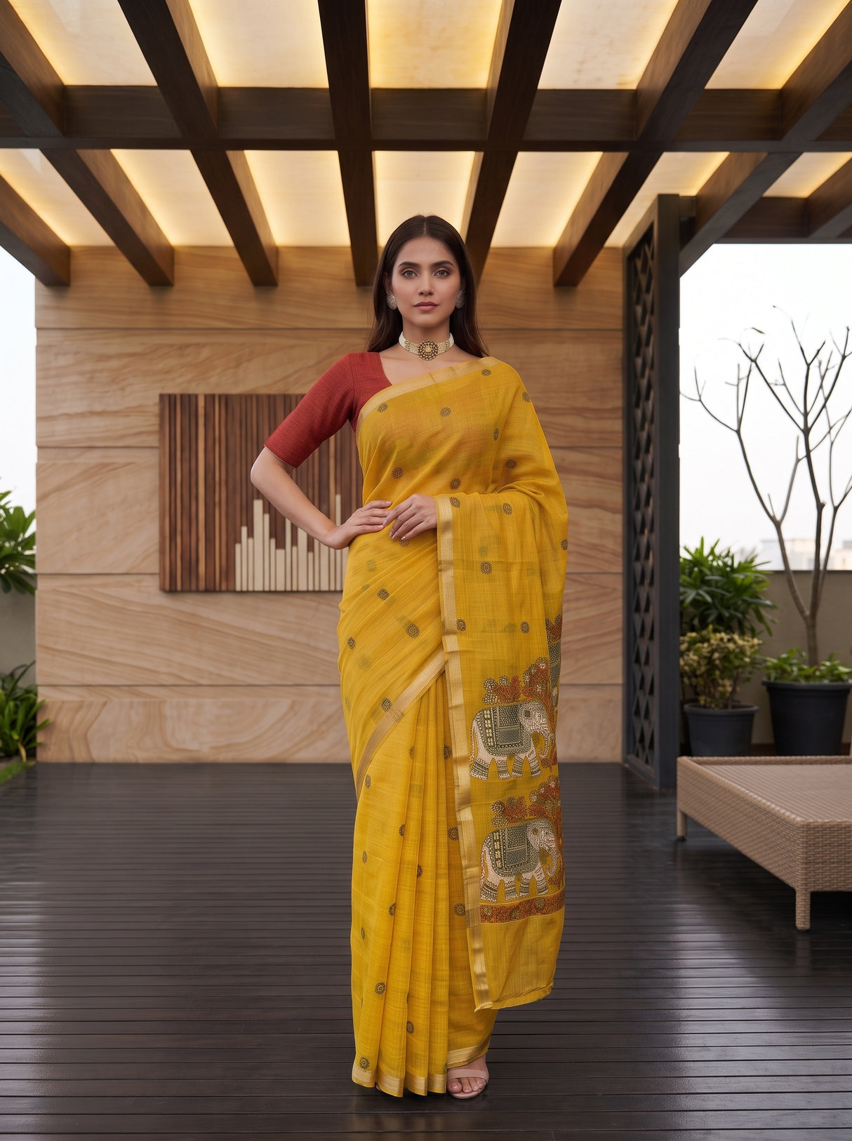 MIMOSA Gold Banarasi Linen Saree — pose 4 styling detail