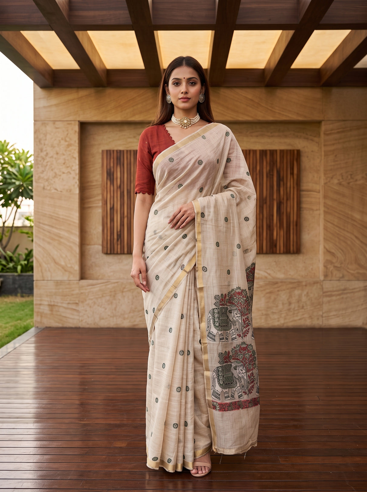 MIMOSA Half White Banarasi Linen Saree — front view on mannequin