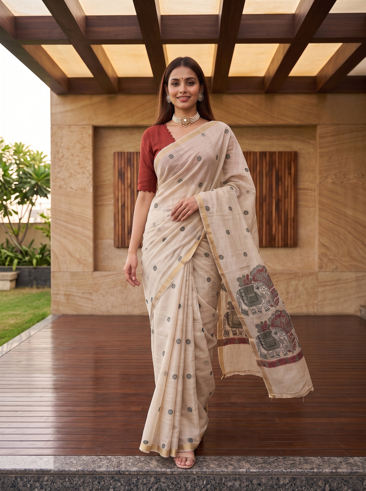 MIMOSA Half White Banarasi Linen Saree — pose 6 styling detail