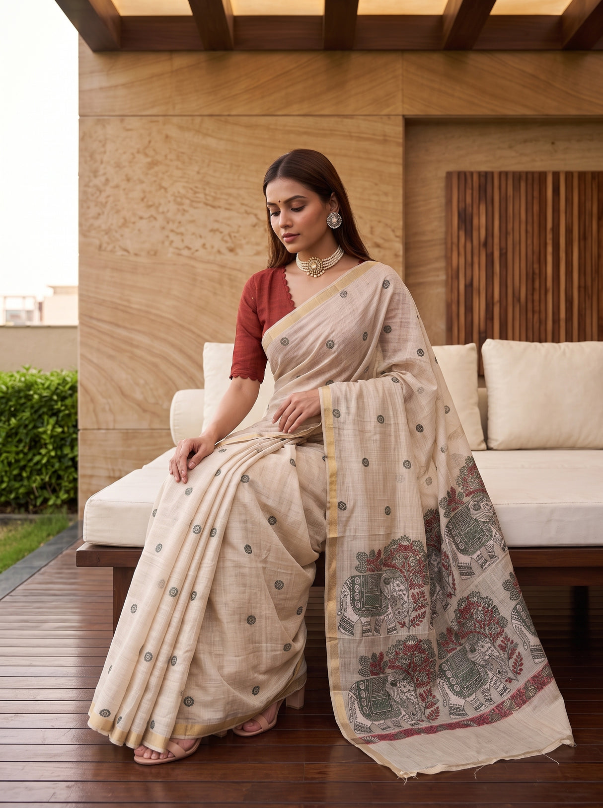 MIMOSA Half White Banarasi Linen Saree — pose 8 styling detail