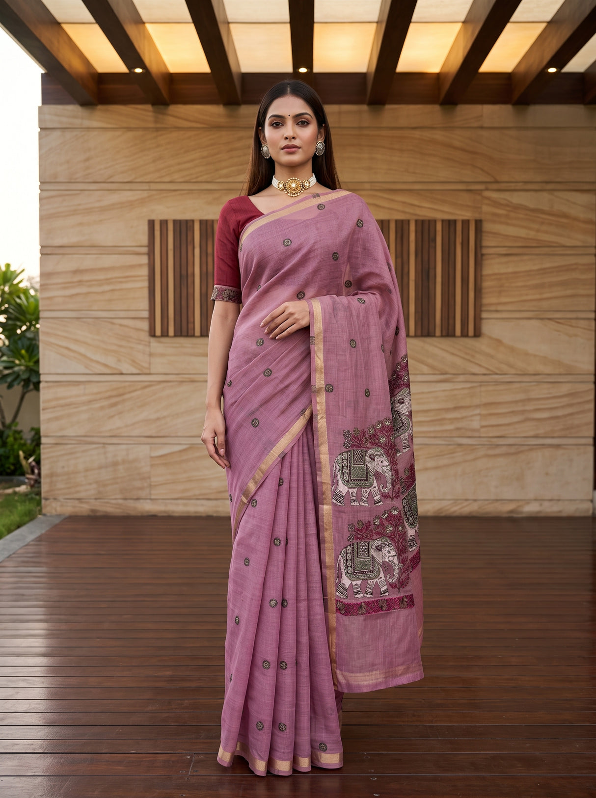 MIMOSA Pink Banarasi Linen Saree — front view on mannequin