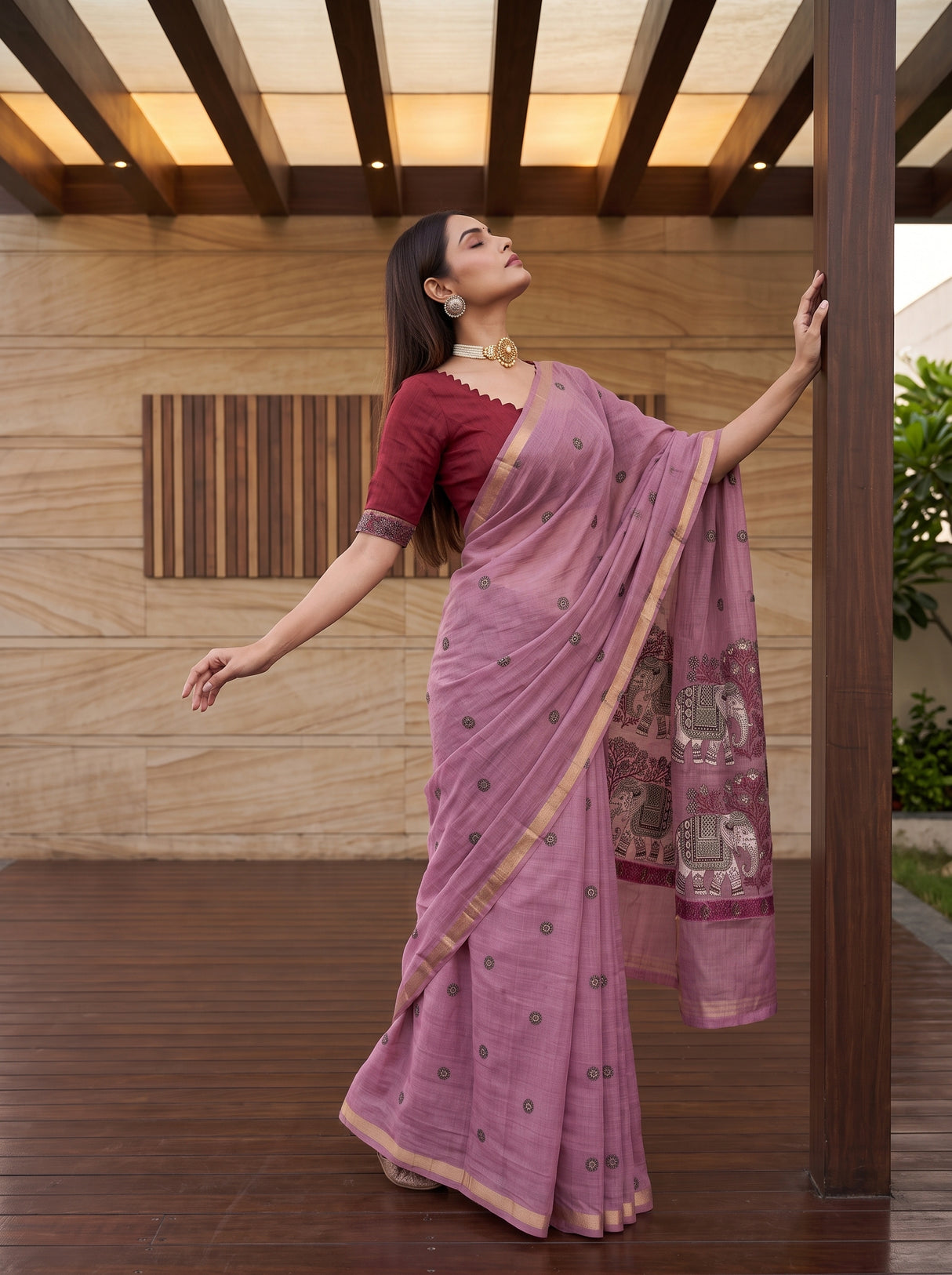 MIMOSA Pink Banarasi Linen Saree — pose 5 styling detail