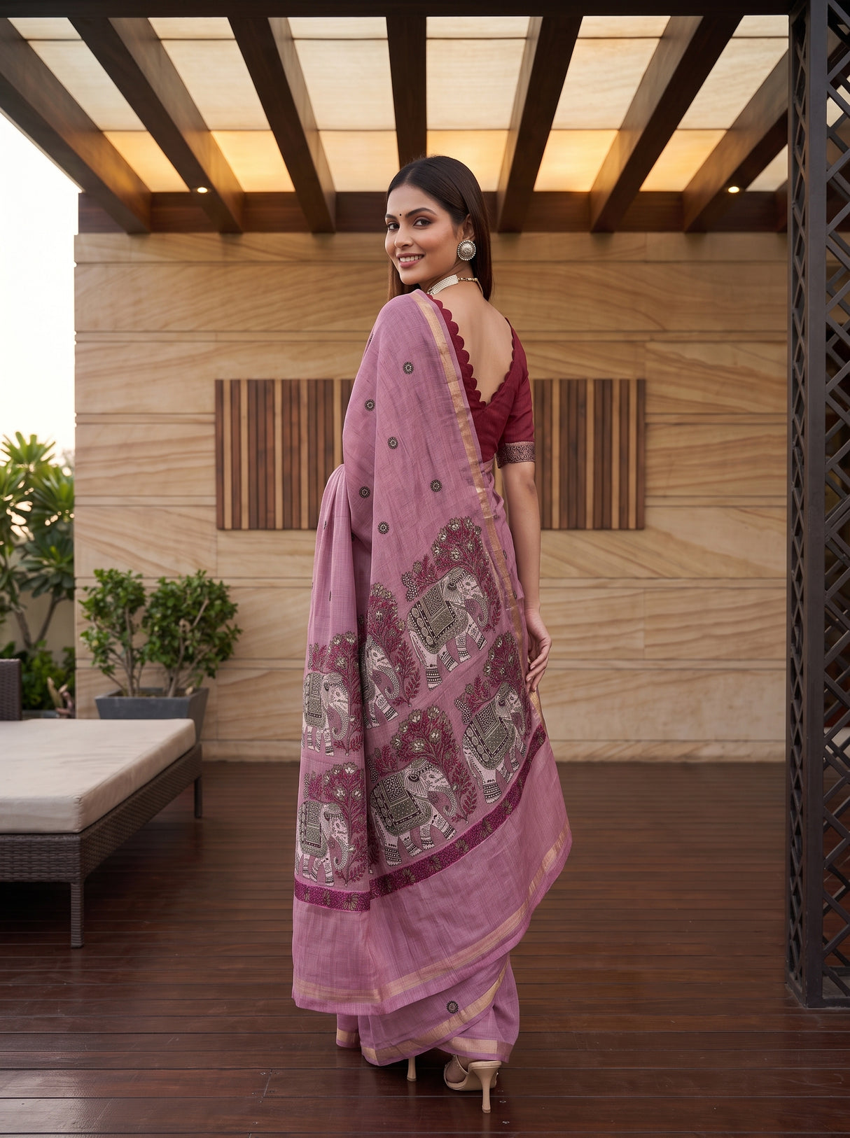 MIMOSA Pink Banarasi Linen Saree — pose 7 styling detail