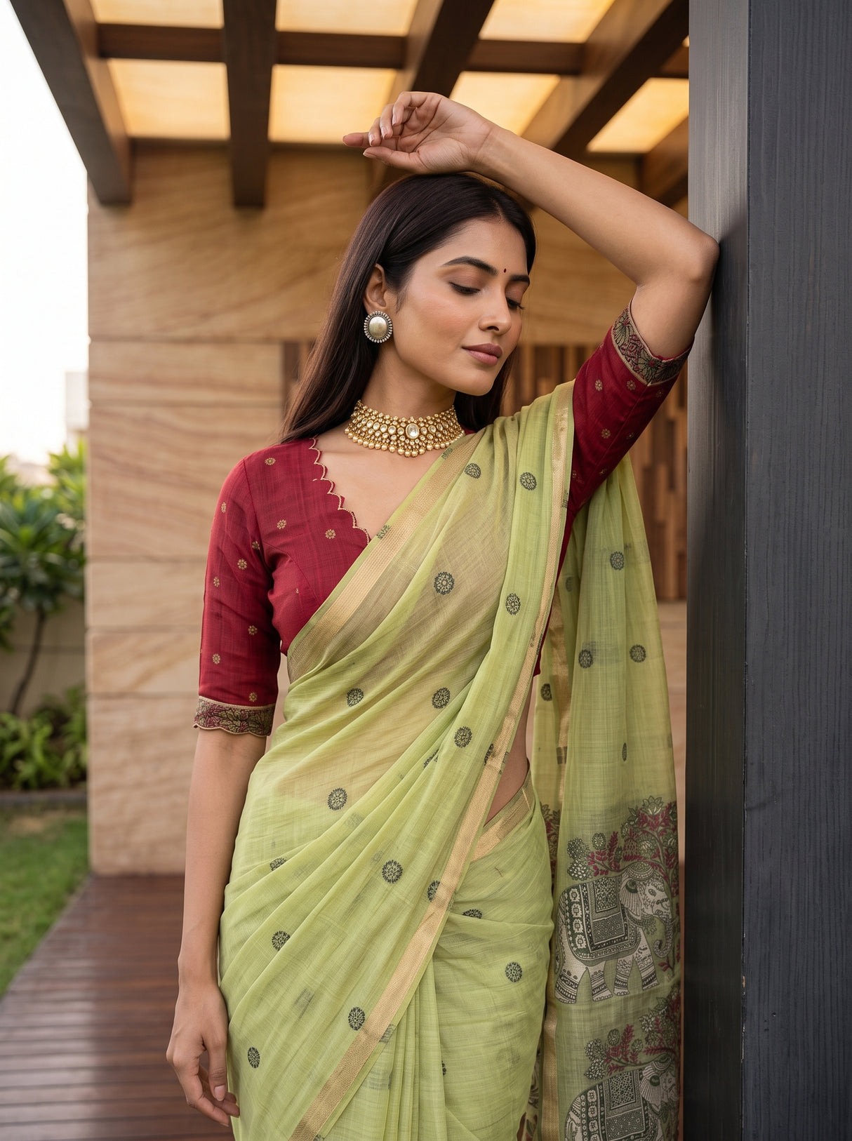 MIMOSA Pista Banarasi Linen Saree — pose 10 styling detail