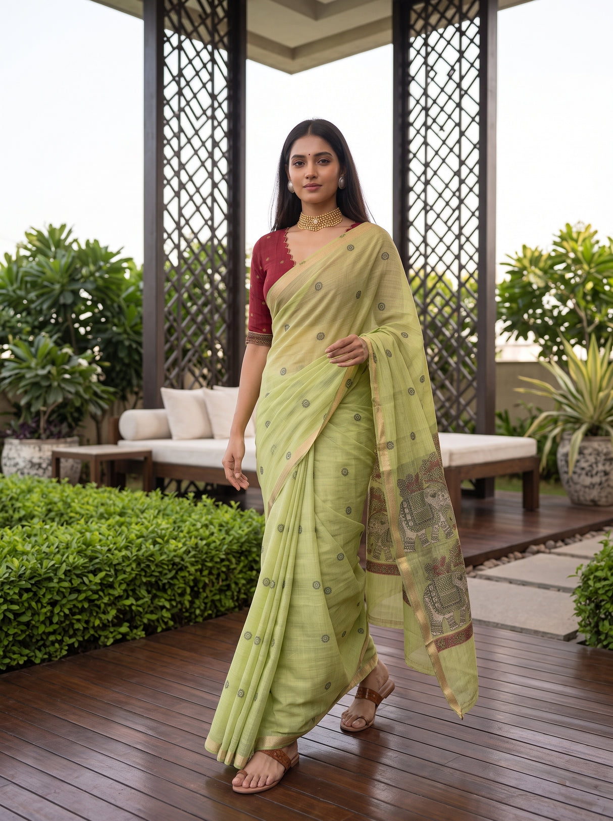 MIMOSA Pista Banarasi Linen Saree — pose 6 styling detail