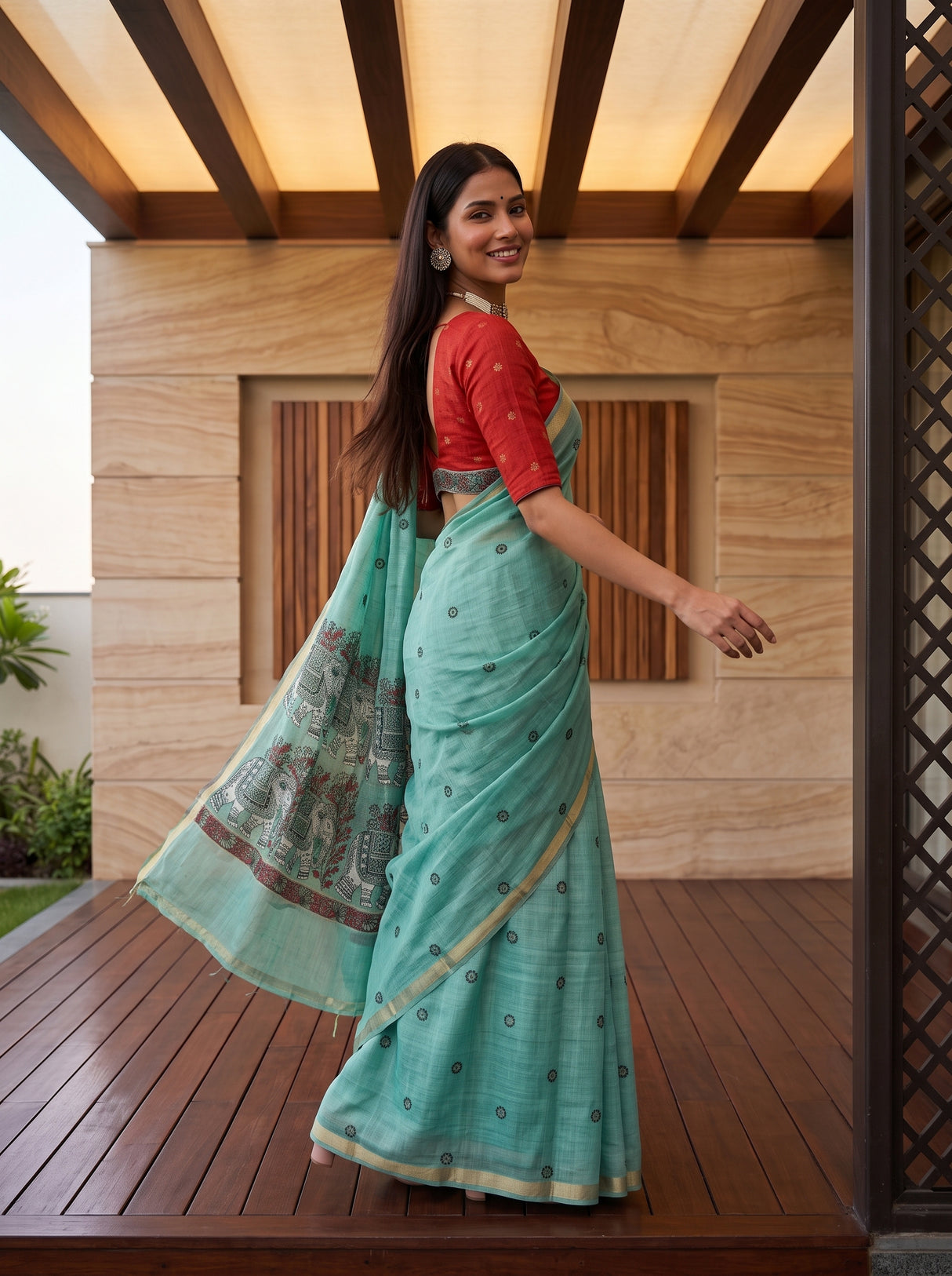 MIMOSA Rama Banarasi Linen Saree — pose 9 styling detail