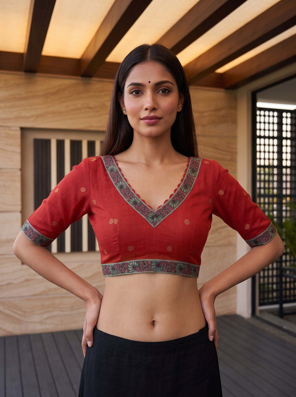 MIMOSA Rama Banarasi Linen Saree — blouse close-up
