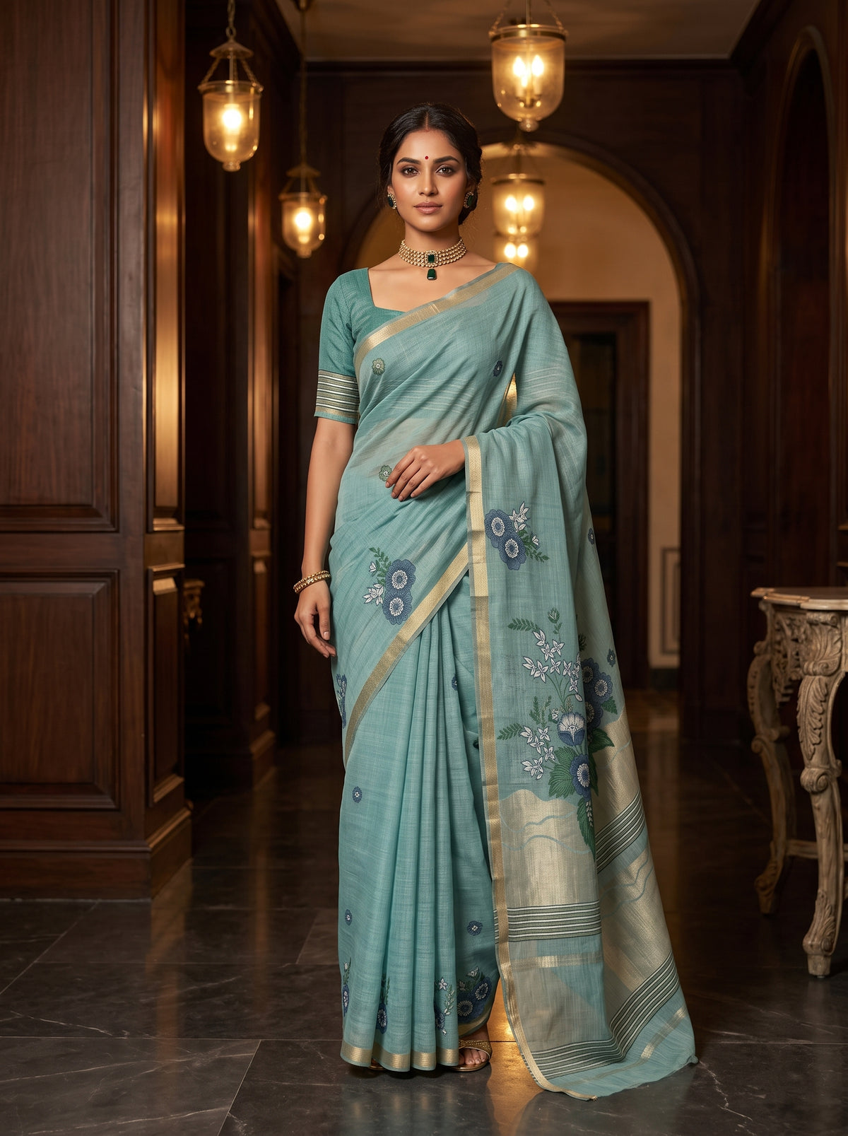 MIMOSA Sapphire Saree Saree — front view on mannequin