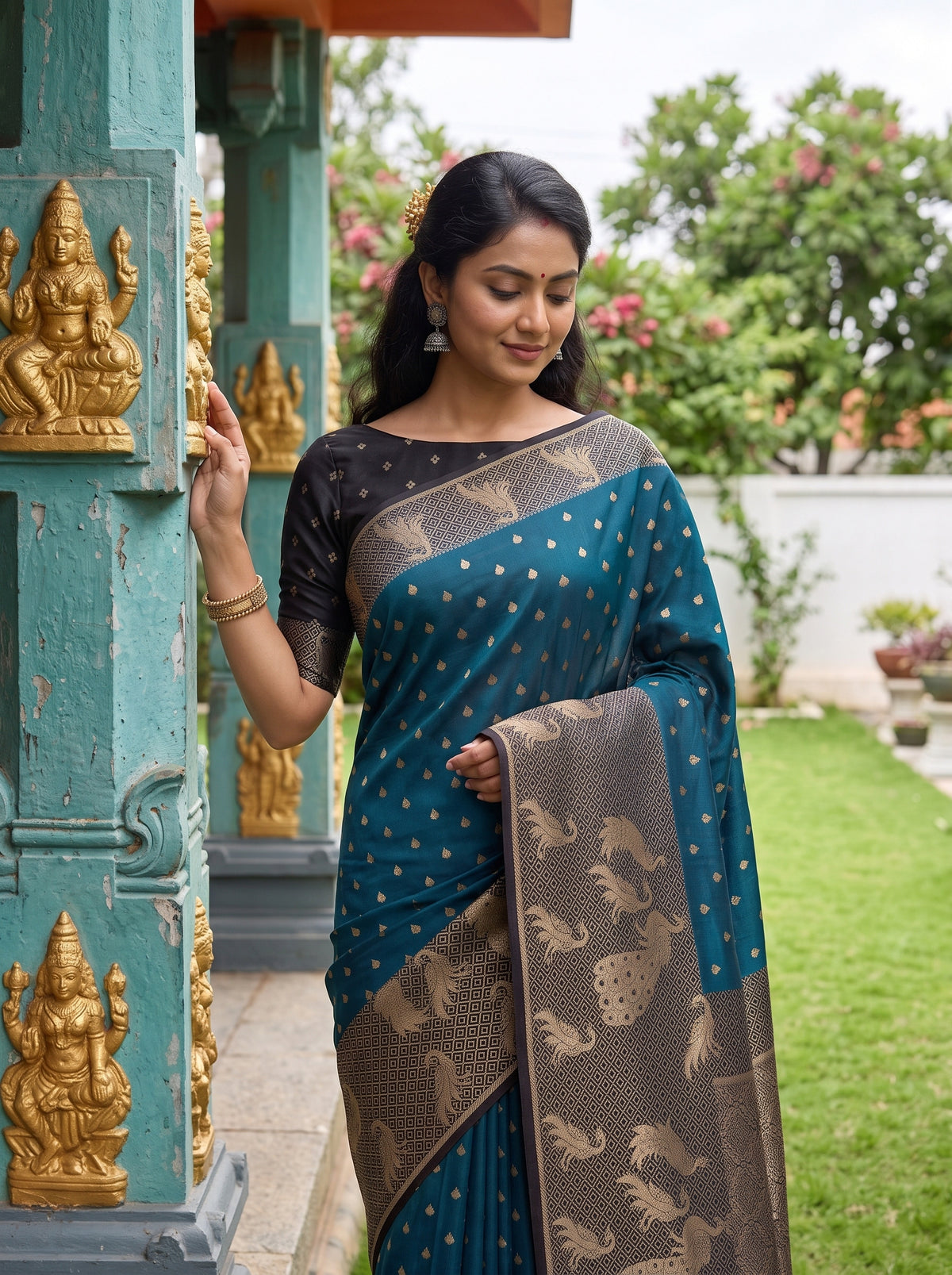 MIMOSA Blue Mysore Silk Crepe Saree — pose 10 styling detail