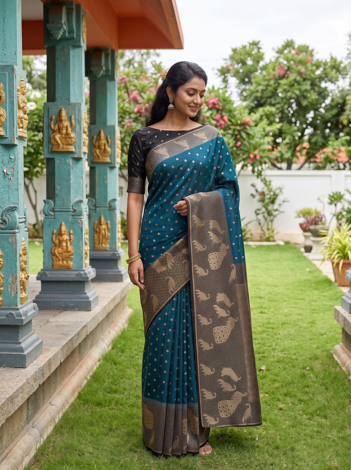 MIMOSA Blue Mysore Silk Crepe Saree — pose 5 styling detail