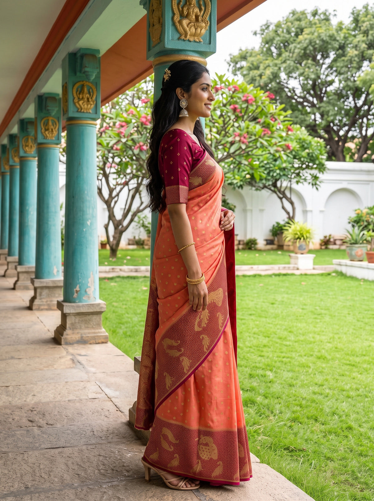 MIMOSA Peach Mysore Silk Crepe Saree — pose 3 styling detail