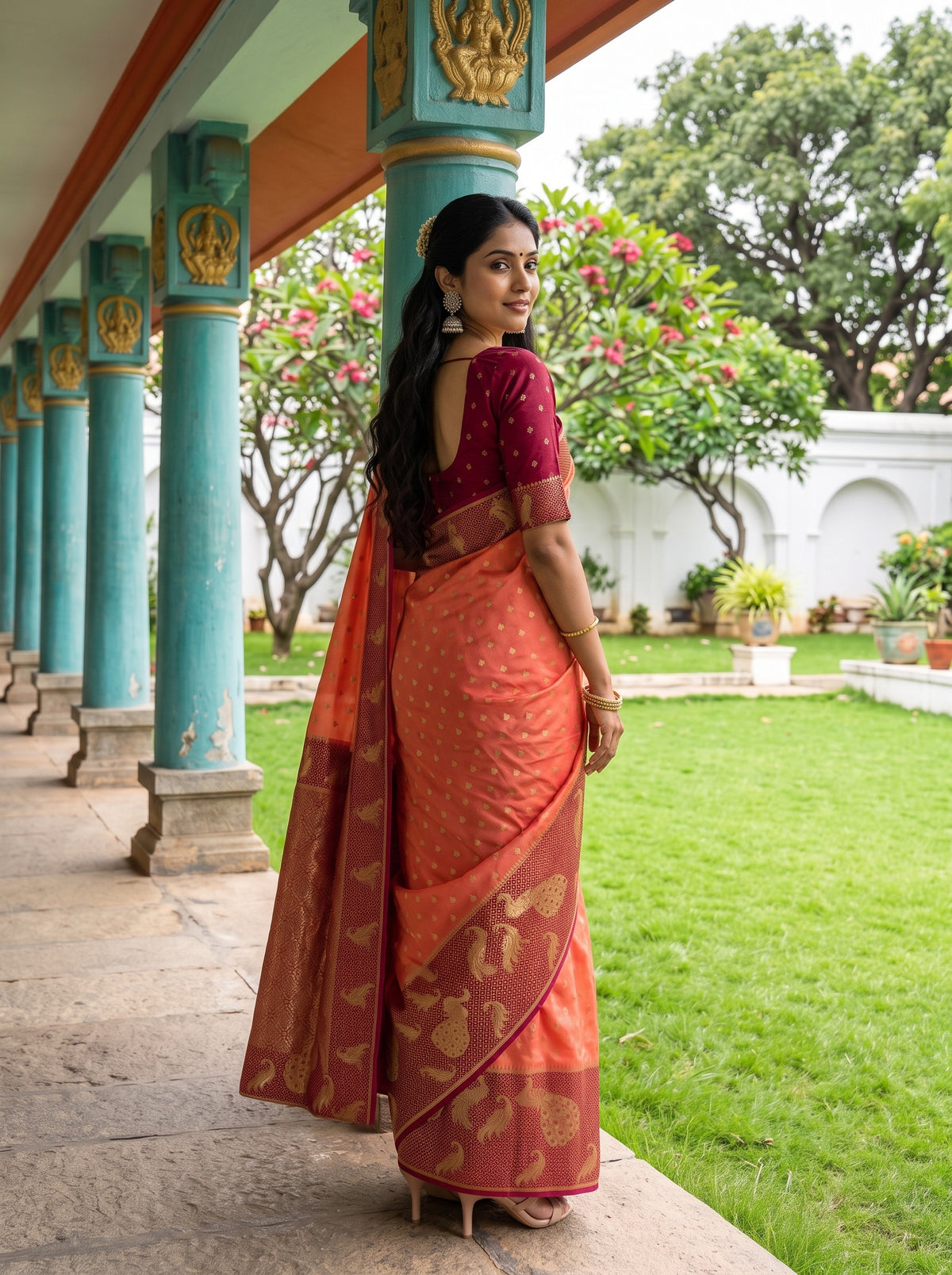 MIMOSA Peach Mysore Silk Crepe Saree — pose 5 styling detail