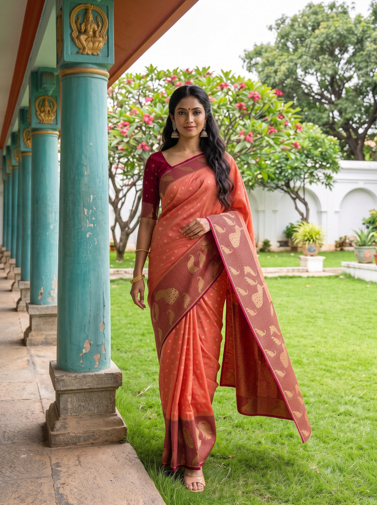 MIMOSA Peach Mysore Silk Crepe Saree — pose 6 styling detail