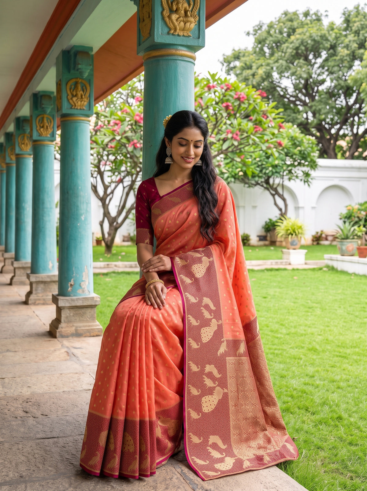MIMOSA Peach Mysore Silk Crepe Saree — pose 8 styling detail