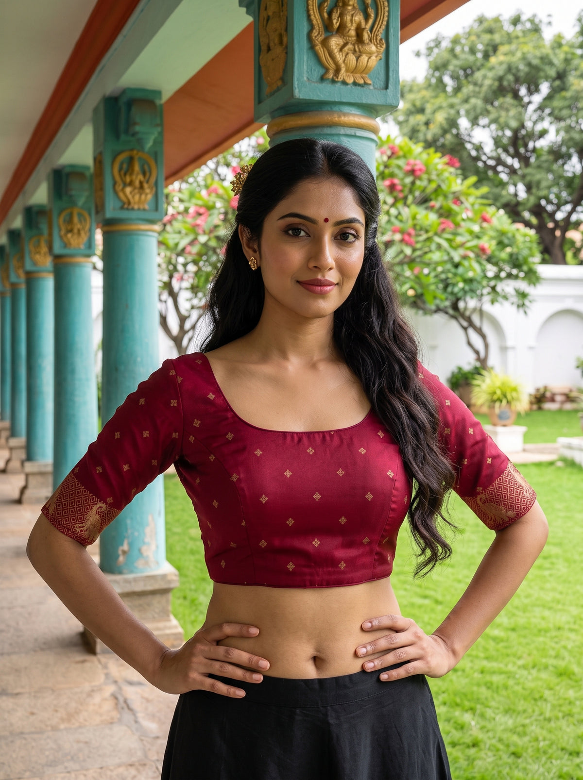 MIMOSA Peach Mysore Silk Crepe Saree — blouse close-up