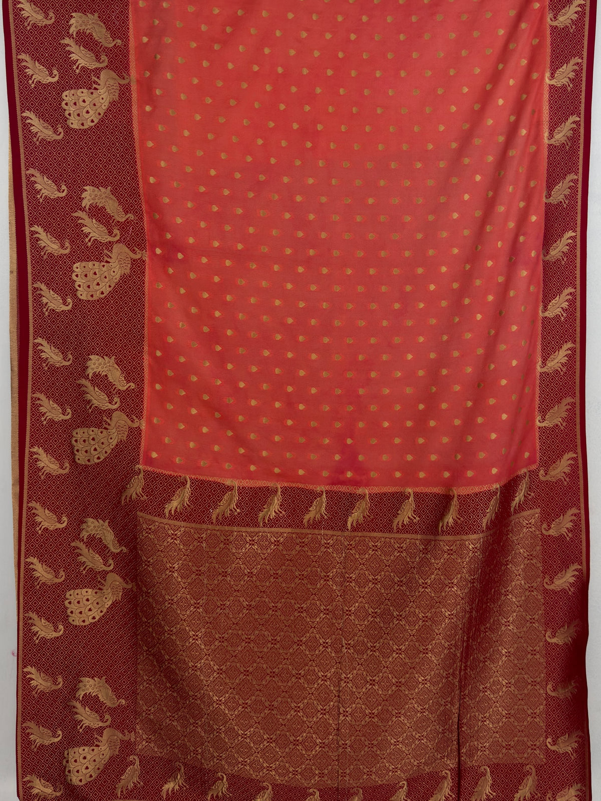 MIMOSA Peach Mysore Silk Crepe Saree — pallu and zari work detail