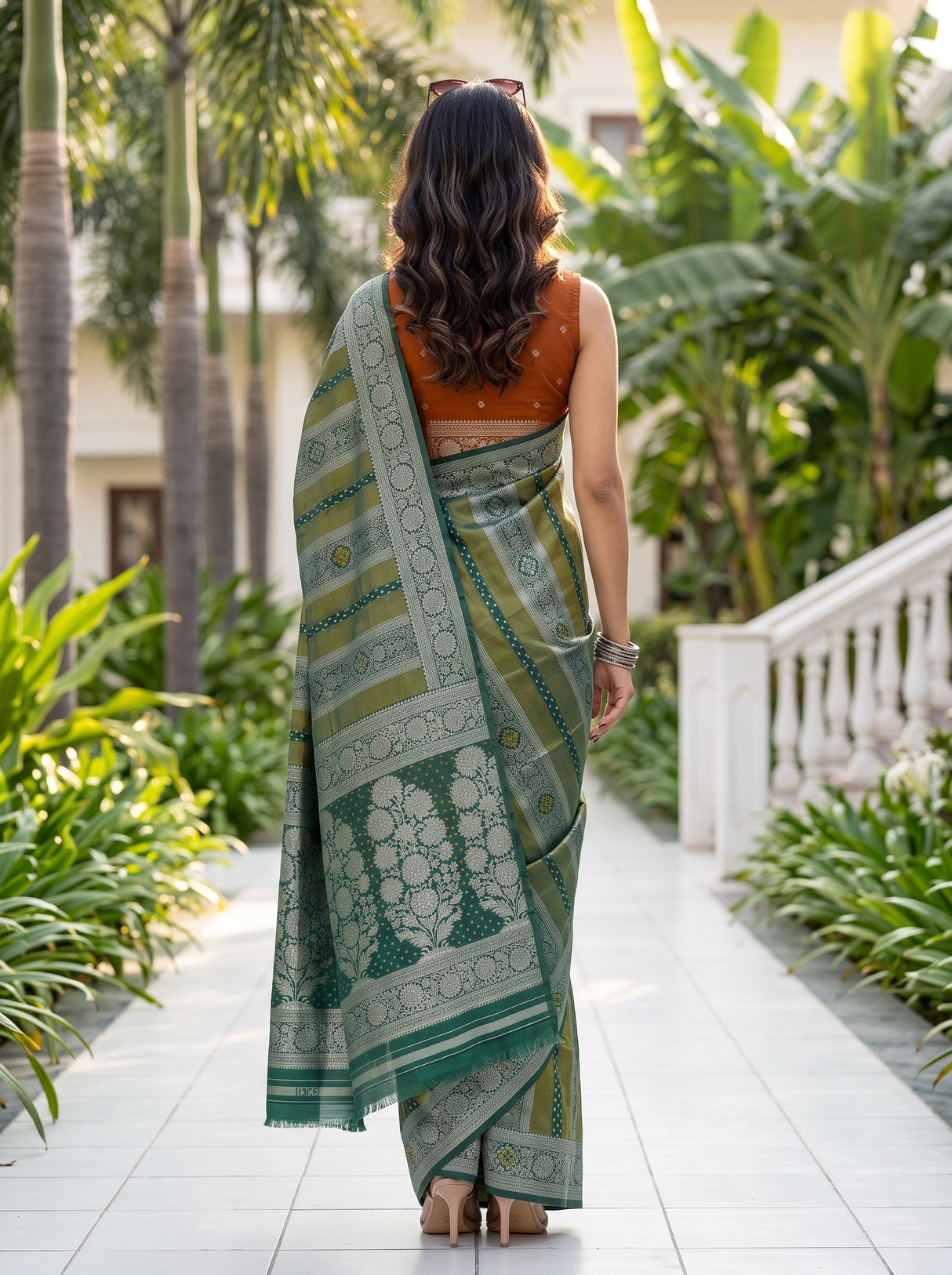 MIMOSA Bottle Green Saree Saree — pose 2 styling detail