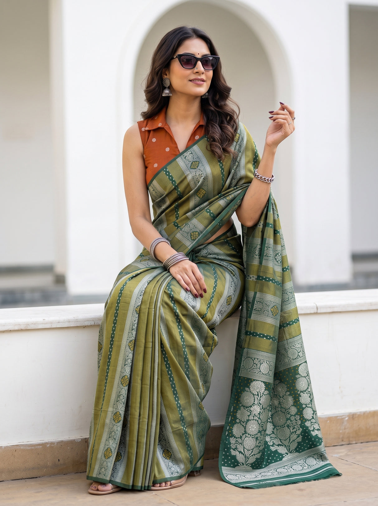 MIMOSA Bottle Green Saree Saree — pose 8 styling detail